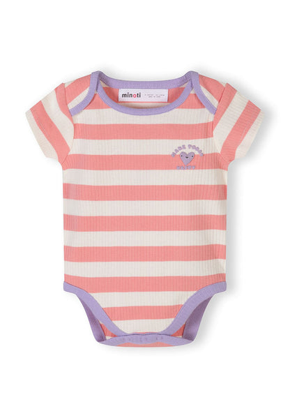 Close-up of a girls' short sleeve bodysuit in pastel stripes with a round neckline and press-stud fastenings.