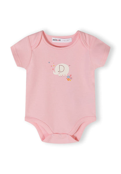 Light pink short sleeve bodysuit with elephant print and press-studs at the crotch.