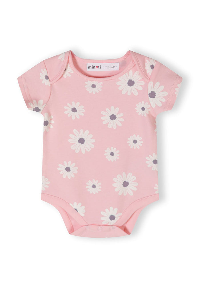 Light pink short sleeve girls bodysuit with daisy print, front view.