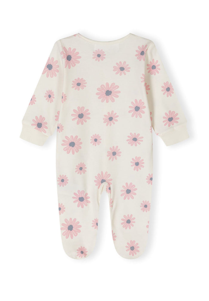 Back view of a long-sleeve sleepsuit for girls, featuring a floral pattern in light pink and cream.