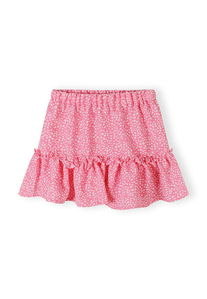 Girls pink skirt with crinkle layered pleats and frills, front view.
