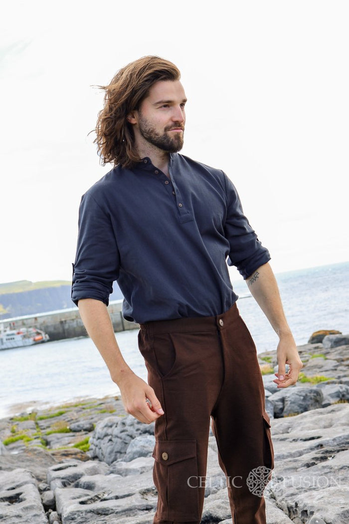 Men’s navy blue grandad collar shirt with quater button neckline and long sleeves in a relaxed tailored fit