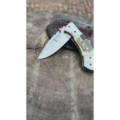 Handmade Damascus Drop Point Folding Knife – American Flag Handle, EDC Pocket Knife