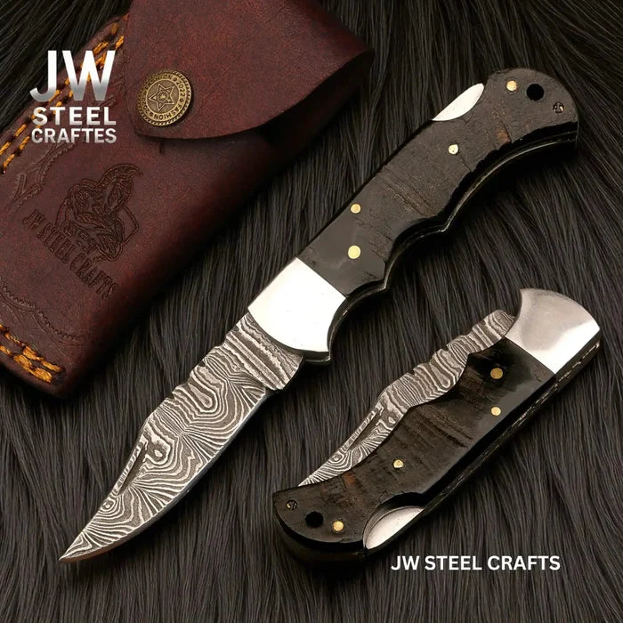 Handmade Damascus Folding Knife – Ram Horn or American Flag Handle