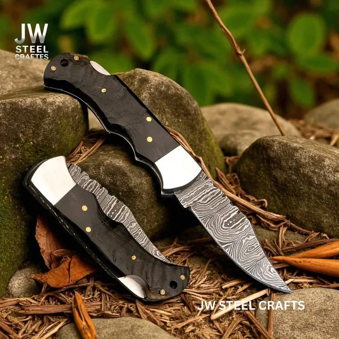 Handmade Damascus Folding Knife – Ram Horn or American Flag Handle