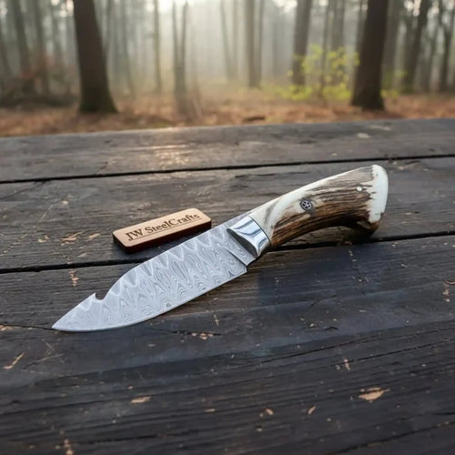 Handmade Damascus Gut Hook Skinner Knife With Deer Horn Handle