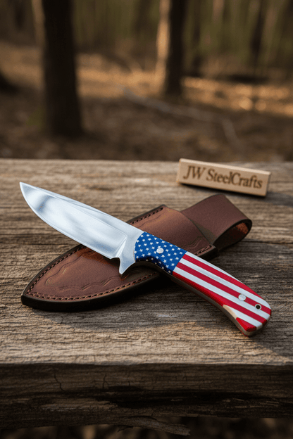 Handmade Drop Point Hunting Knife – High Polish Bearing Steel Blade, USA Flag Handle, Full Tang Fixed Blade