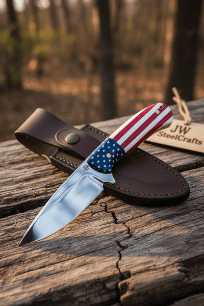 Handmade Drop Point Hunting Knife – High Polish Bearing Steel Blade, USA Flag Handle, Full Tang Fixed Blade