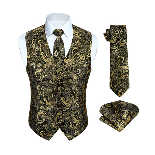 Hisdern Men's Gold Black Paisley Vest Tie Set For Weddings