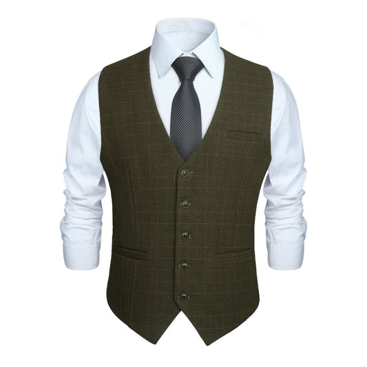 Plaid Slim Vest - A-OLIVE GREEN