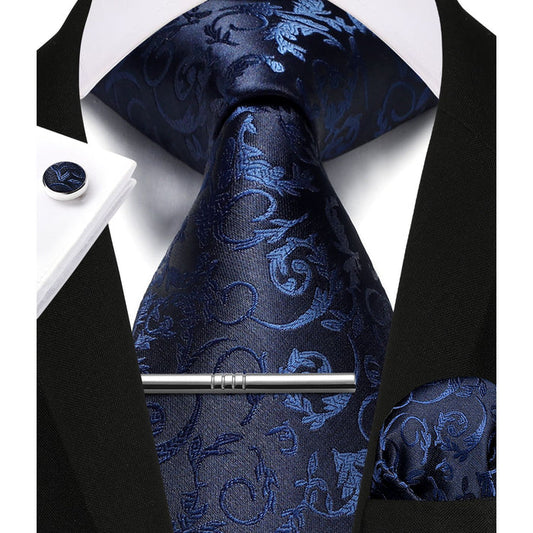 Paisley Tie Handkerchief Cufflinks Clip - C5-NAVY BLUE