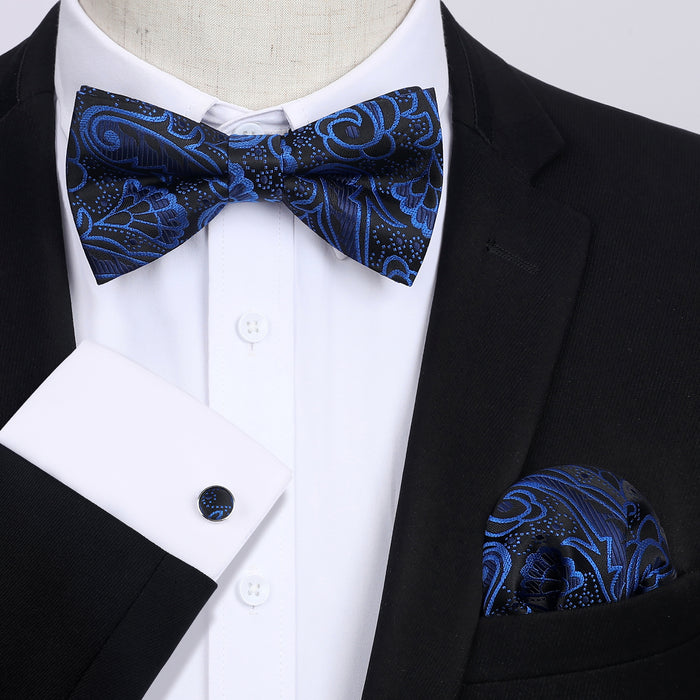 Floral Paisley Pre-Tied Bow Tie Handkerchief Cufflinks - 5-NAVY BLUE