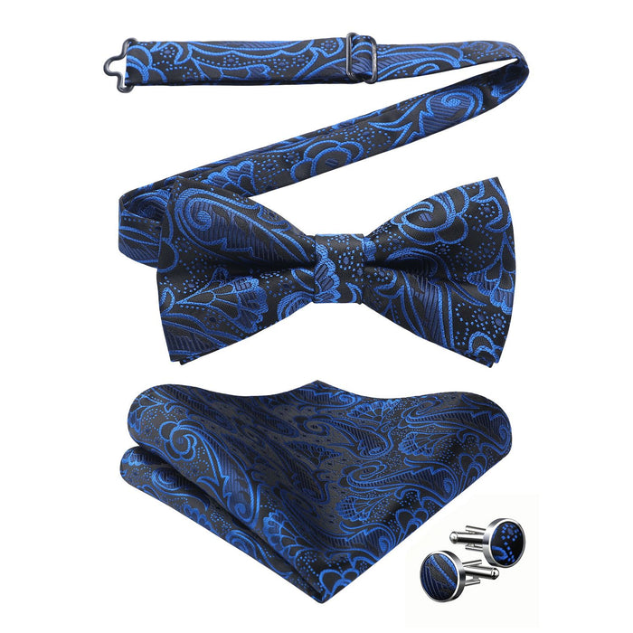 Floral Paisley Pre-Tied Bow Tie Handkerchief Cufflinks - 5-NAVY BLUE