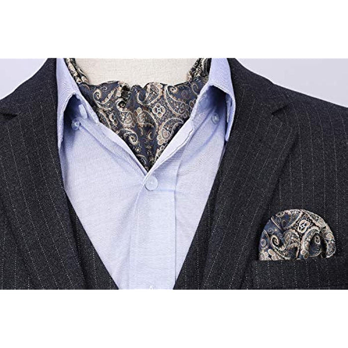 Paisley Ascot Handkerchief Set - A-NAVY BLUE PAISLEY