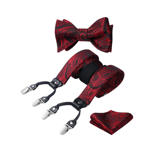 Paisley Floral Suspender Bow Tie Handkerchief - RED/BLACK 02