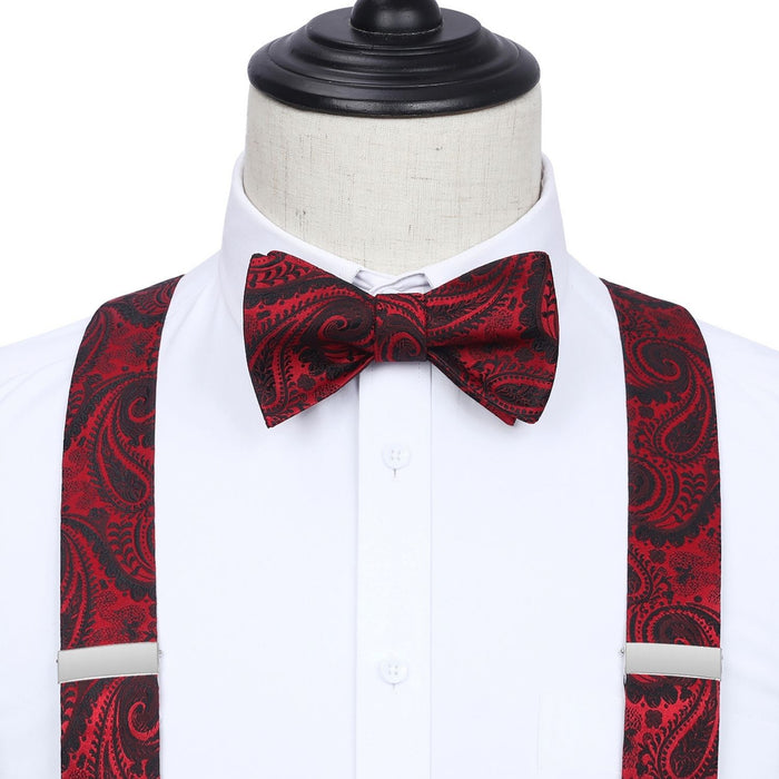 Paisley Floral Suspender Bow Tie Handkerchief - RED/BLACK 02