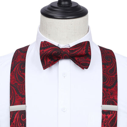 Paisley Floral Suspender Bow Tie Handkerchief - RED/BLACK 02