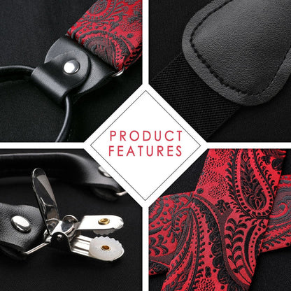 Paisley Floral Suspender Bow Tie Handkerchief - RED/BLACK 02