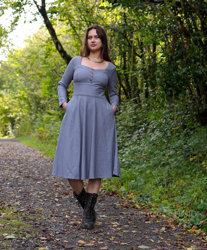 Grey blue Imbas Corset Dress with pockets, romantic long sleeve midi dress styled in a woodland setting