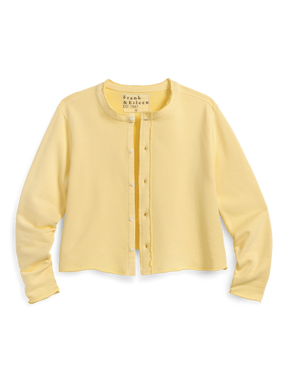 Yellow cardigan with brand logo on a white background