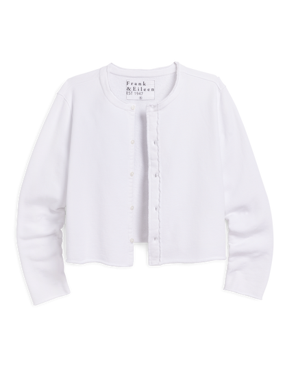 White cardigan on a white background with 'Frank & Eileen' branding.