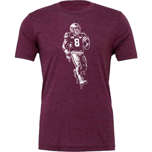 Maroon t-shirt with a graphic of a football player running, on a white background