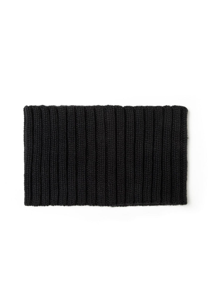 Close-up of a black knitted snood with ribbed texture.