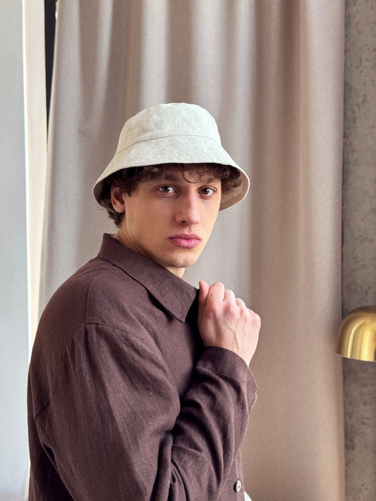 Men’s Linen Bucket Hat PECAN in Beige