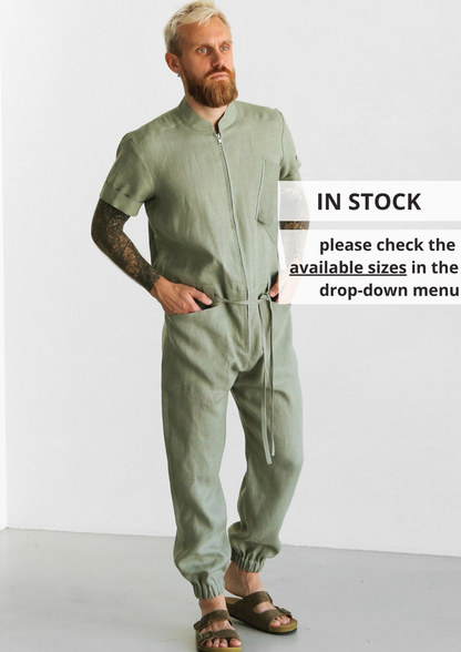 Mens Linen Jumpsuit PALO SANTO Short Sleeve - IN STOCK