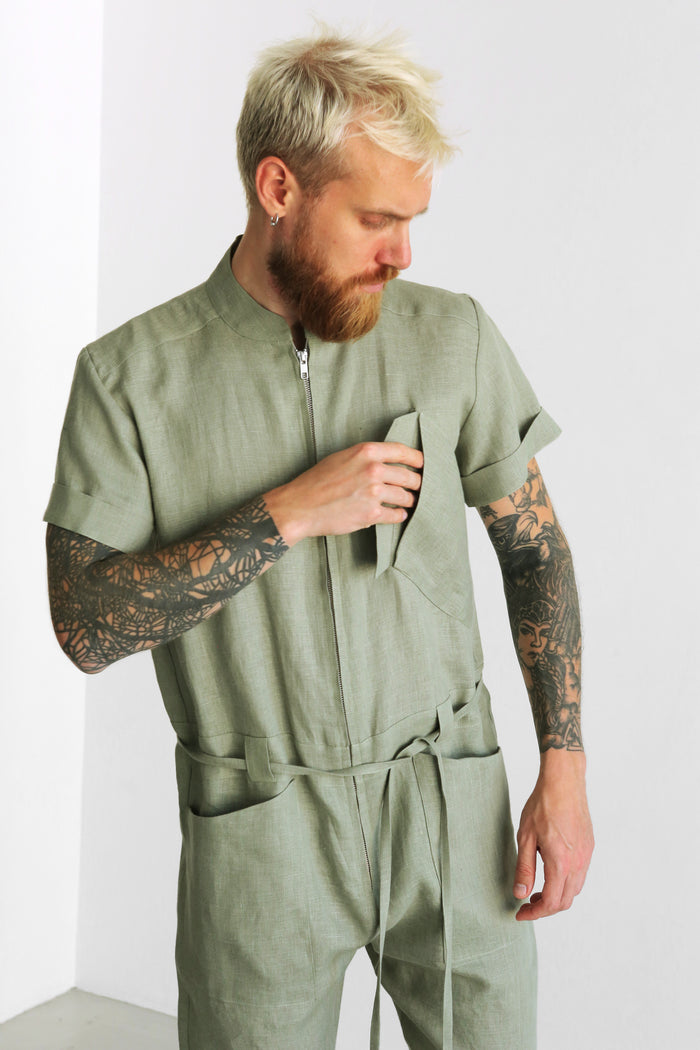 Mens Linen Jumpsuit PALO SANTO Short Sleeve - IN STOCK