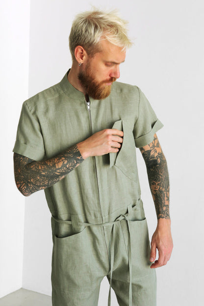 Mens Linen Jumpsuit PALO SANTO Short Sleeve - IN STOCK