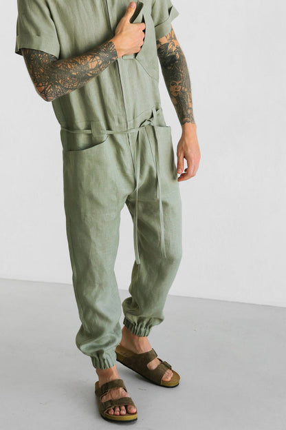 Mens Linen Jumpsuit PALO SANTO Short Sleeve - IN STOCK