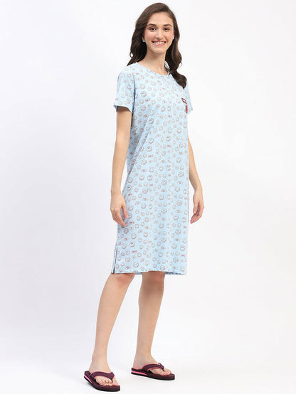 mSECRET Sky Blue Smiley Print Short-Sleeve Cotton Nightdress