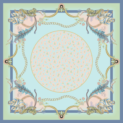 Premium Hamida silk scarf with soft blue, blush pink, and ivory tones, decorated with floral motifs and gold chain patterns.