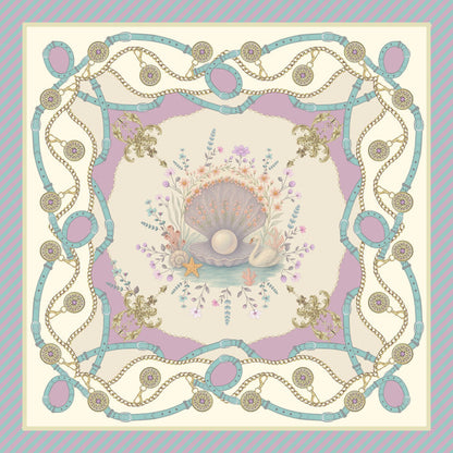 Close-up of Hamida silk scarf showing pearl centerpiece and floral pattern