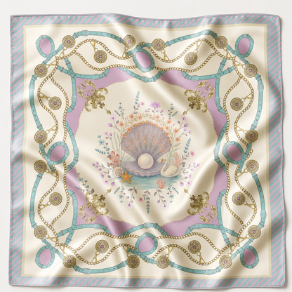 Detail shot of teal belts and gold chain motifs on silk scarf