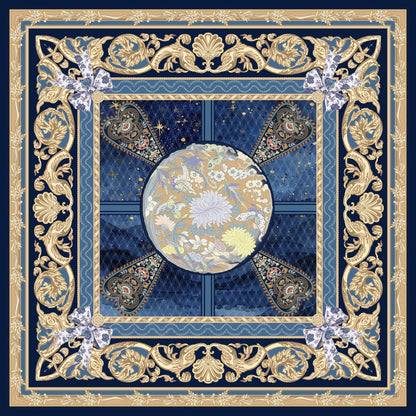 Decorative scarf with floral design and gold border on a blue background