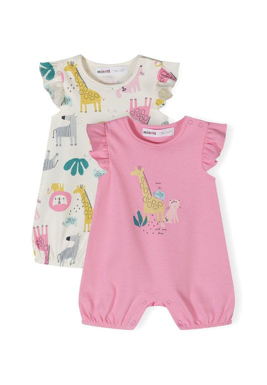 Set of two girls' rompers with frill sleeves, one pink with a giraffe print, one patterned in purple hues.