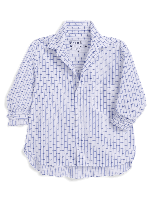 White shirt with blue pattern on a black background