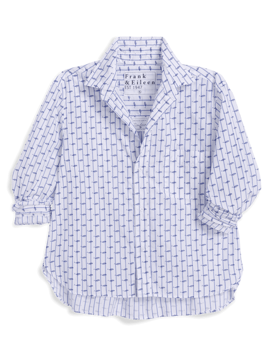 White shirt with blue pattern on a black background