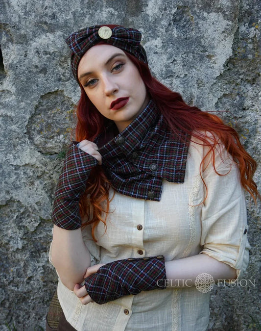 Celtic tartan tweed headband and matching collar scarf set with harp pin detail and button neck closure