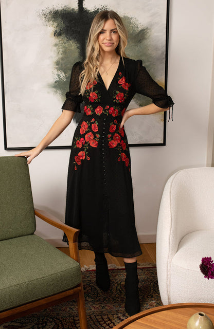 The Viola Dobby Mesh Embroidered Midi Dress With Tie Sleeves Curve