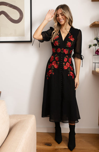 The Viola Dobby Mesh Embroidered Midi Dress With Tie Sleeves Curve