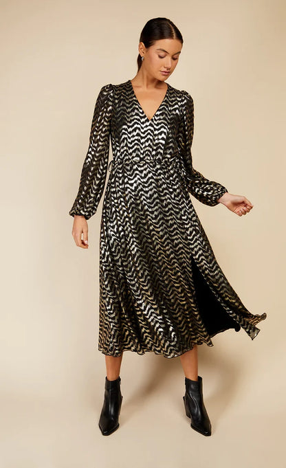 VEDA BLACK FOIL PRINT DRESS (BLACK/GOLD