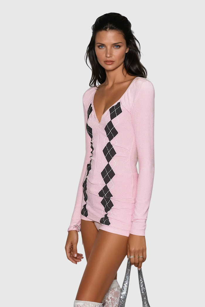 Wafaa Diamond Grid Long Sleeve Pants Set