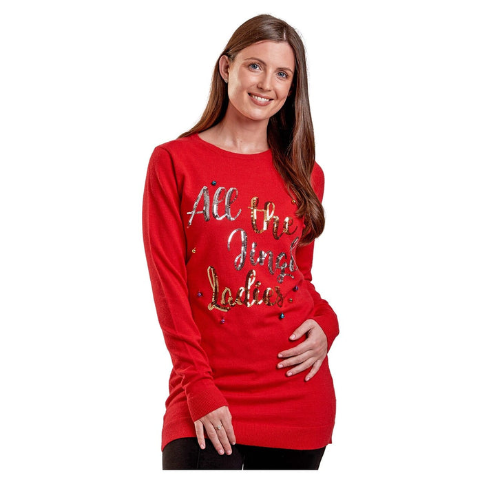 Womens Christmas Tunic Jumper Jingle Ladies Colour Xmas Bells Red / 8