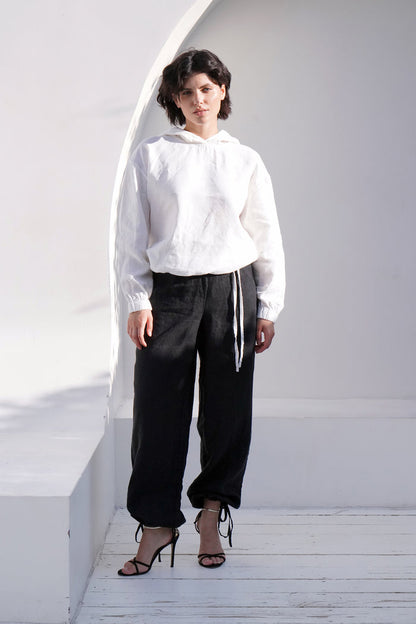 Women's Linen Hoodie with Ties LAMIA in White