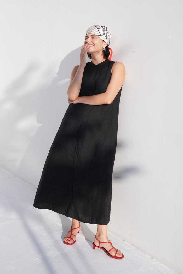 Womens Linen Sleeveless Maxi Dress ARNIA in Black