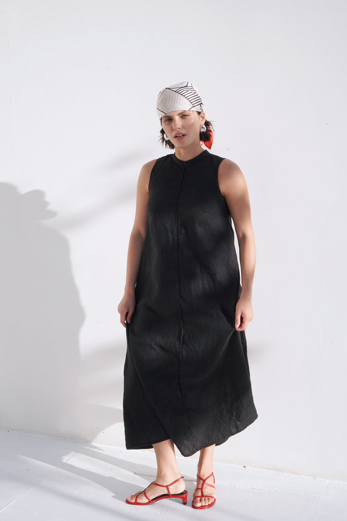 Womens Linen Sleeveless Maxi Dress ARNIA in Black