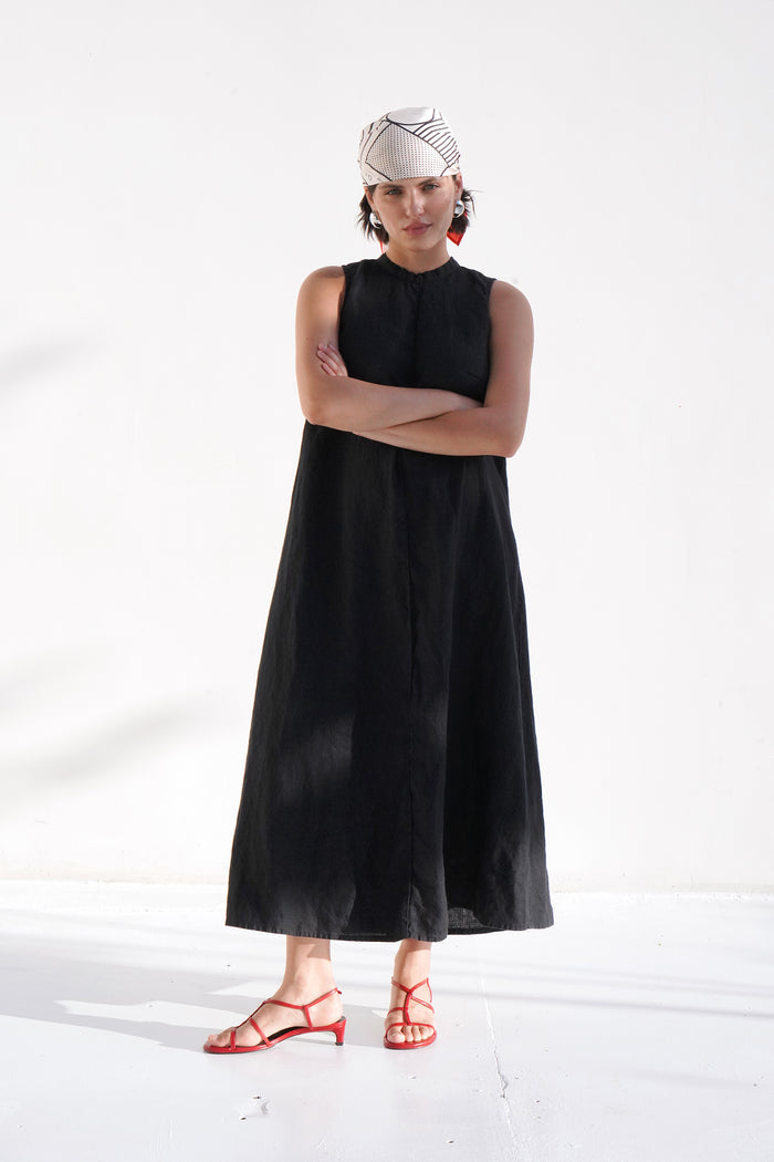 Womens Linen Sleeveless Maxi Dress ARNIA in Black